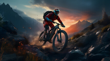 a mountain biker is on the trails in a hazy setting - obrazy, fototapety, plakaty