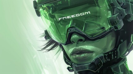 woman army with glasses looks up in cyberspace - obrazy, fototapety, plakaty