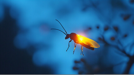 A luminous firefly at dusk, its light glowing softly against a dusk blue background.