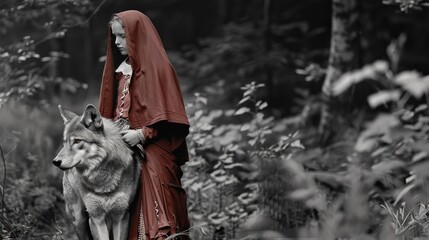 The girl wears a red robe with a wolf in winter