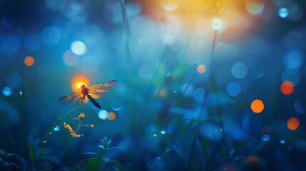 A luminous firefly at dusk, its light glowing softly against a dusk blue background.