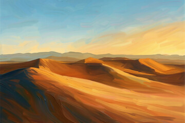 A painting of a desert with a blue sky in the background