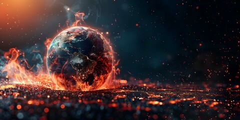 Earth with red particles symbolizing heat energy and global warming or emphasizing discussions on renewable energy. Concept Renewable Energy, Global Warming, Red Particles, Earth, Heat Energy - obrazy, fototapety, plakaty