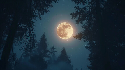 Fototapeta na wymiar A luminous full moon framed by the silhouette of whispering pine trees, against a deep indigo background.