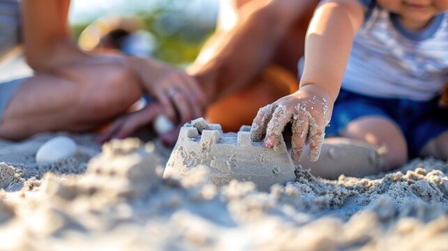 closeup child's hand building a sandcastle