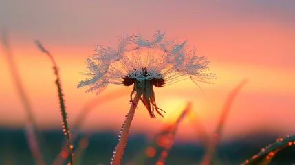  A macro shot of a dew-covered dandelion seed head, ready to take flight, against a serene sky background. © FakharSaeed