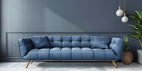  living room interior design with sofa minimal aesthetic blue velvet 3d rendered and blue wall texture background