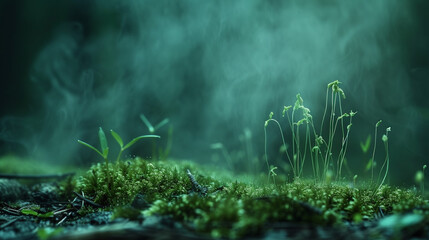 A macro shot of moss and small fungi on a forest floor, with a fine mist, set against a deep emerald background.