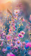 Obraz na płótnie Canvas Vibrant Pastel Flower Meadow, Spring Landscape