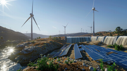Renewable Energy Icons: Wind Turbines, Solar Panels, and Hydroelectric Dams