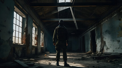 a soldier standing inside of an abandoned building