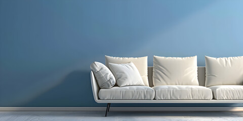 A 3d Render Of A Comfortable And Simplistic Living Room With A white Sofa And Blue Wall Background