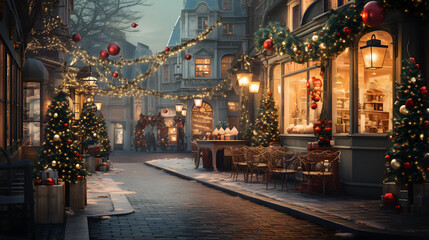 Fototapeta premium a street with christmas decorations on it