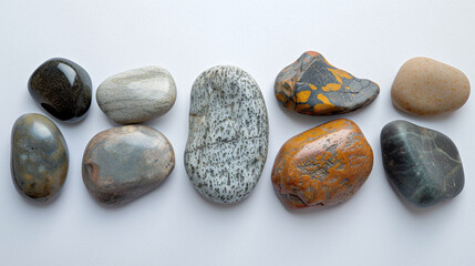 A series of pebbles smoothed by the sea, each unique in shape and color, against a soft gray background.