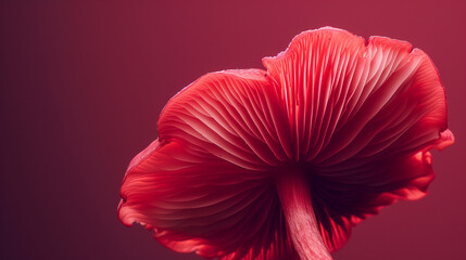A vibrant red mushroom cap, with delicate gills visible beneath, set against a deep burgundy background.