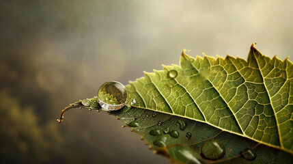 A single dewdrop on the edge of a leaf, magnifying the surrounding world, with a soft grey background.