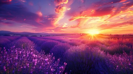 Landscaped. Lavandula Field at Sunset in Bulgaria with Dramatic Sky - obrazy, fototapety, plakaty