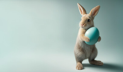 An image of a fluffy Easter Bunny holding a bright turquoise Easter egg against a soft mint green background