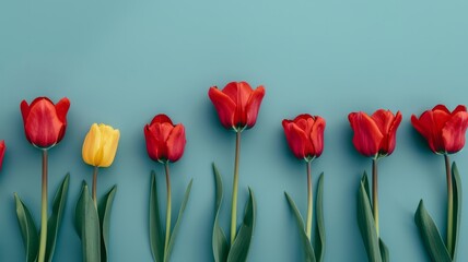 Creative wallpaper made of yellow tulips in perfect line, only one of them is red color against...