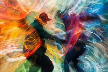 Two people are dancing in a colorful background