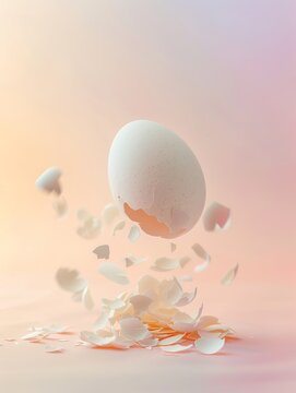 Adorable Easter composition made of broken egg with eggshell flying from it against pastel gradient background