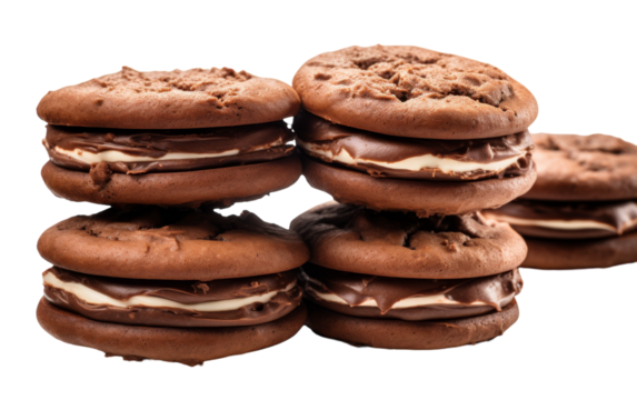A tempting stack of chocolate sandwich cookies with luscious white frosting