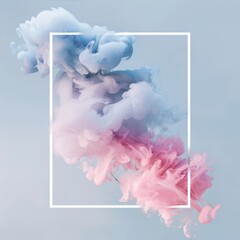 White frame on pastel blue background with abstract pink cloud shapes. Minimal border composition