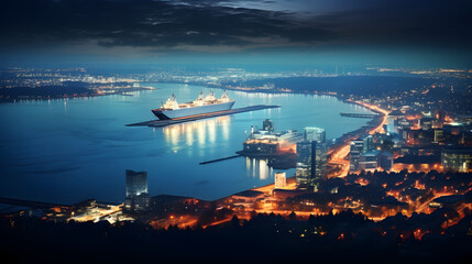 Twinkling Night Skyline, Vibrant City Lights, and Bustling Seaport: A Stunning Night View of...