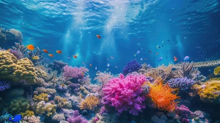 Poster An underwater coral reef scene, diverse marine life, vivid colors, showcasing the beauty and diversity of ocean life. Underwater photography, coral reef ecosystem, diverse marine life,. Resplendent. © Summit Art Creations