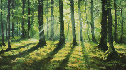 Sunlight filtering through a dense canopy, casting dappled shadows on the forest floor, against a mossy green background.