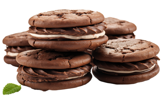 A decadent pile of chocolate cookies with luscious cream filling, inviting indulgence