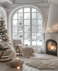 Living room with arched windows, chairs and a fireplace, winter outside the window