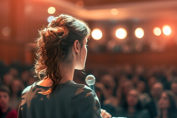 Confident female speaker addressing an audience in a seminar room - obrazy, fototapety, plakaty