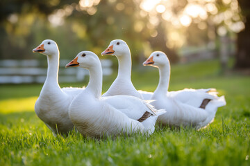Obraz premium Group of white geese on meadow. Poultry farming and rural life concept. Design for lifestyle magazines, farming educational materials, and eco-tourism promotion. Banner with copy space.