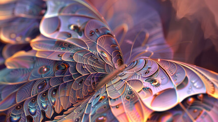 The intricate patterns of a butterfly's wings, focusing on the scales and colors, with a muted lavender background.