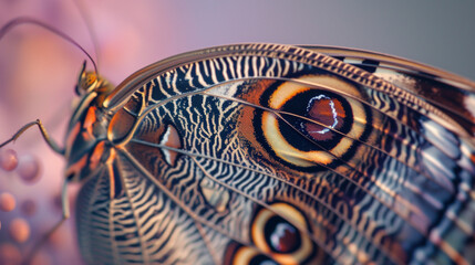 The intricate patterns of a butterfly's wings, focusing on the scales and colors, with a muted lavender background.