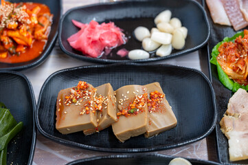 Korea food. Acorn Jelly Salad with soy sauce