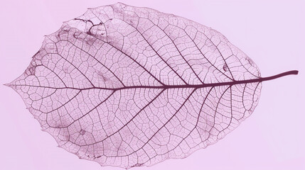 The intricate structure of a leaf skeleton, highlighting its delicate beauty, against a soft purple background.