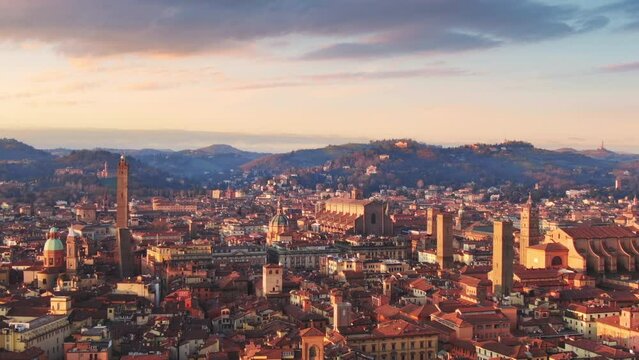 bologna city centre aerial view drone flying out the window at sunrise