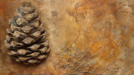 The rough texture of a pine cone, with its scales open slightly, against a warm brown background.