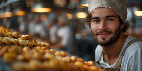 Supervising Food Production: A Smiling Business Manager in a Factory. Concept Food Safety Protocols, Quality Assurance Checks, Employee Training, Production Efficiency Analysis - obrazy, fototapety, plakaty