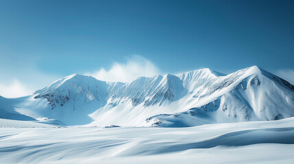 The serene beauty of a snow-covered mountain range under a clear winter sky, against a steel blue background.