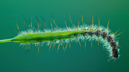 The silky strands of a caterpillar, hinting at its future transformation, against a vibrant green background.