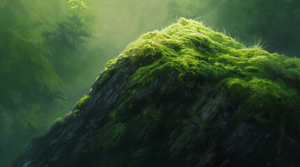 The soft fur of a moss-covered rock in a lush forest, with sunlight filtering through, against a...