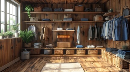 Interior of a wooden wardrobe with clothes and accessories. 3d rendering