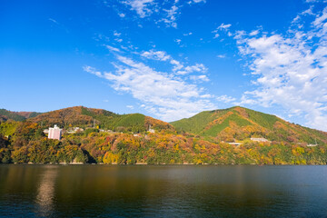 神奈川県相模原市 紅葉に染まる相模湖