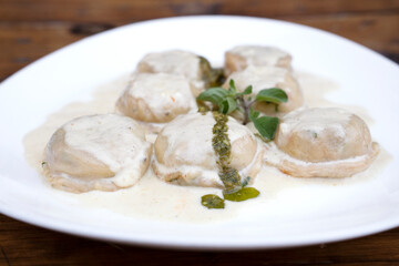 Italian food. Pasta. Closeup view of mozzarella cheese and ham sorrentinos with cream and pesto...