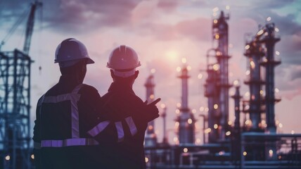Industrial workers pointing at refining structures - Two workers in safety gear are pointing and examining the complex refining structures during sunset