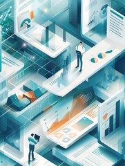 Isometric illustration of data analysis - A complex isometric scene showing data analytics, where tiny figures analyse and present data