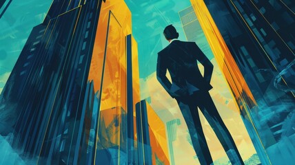 Silhouette in a blue-toned city - A businessman's silhouette stands tall among the towering digitalized blue skyscrapers and abstract elements